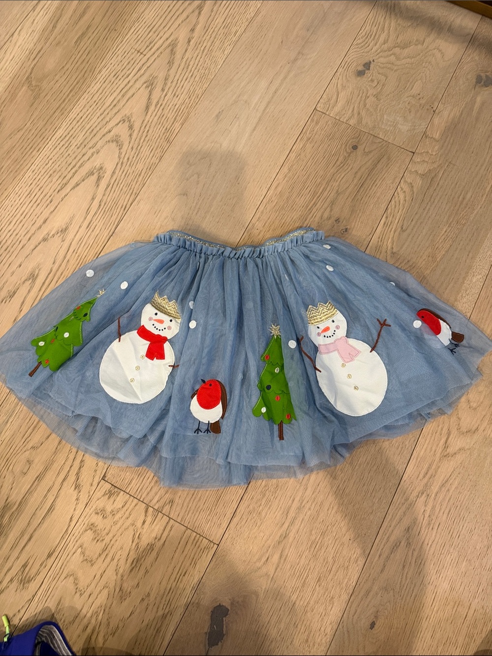 Mini Boden Blue Tulle Skirt with Green Trees, White Snowmen and Red Robins